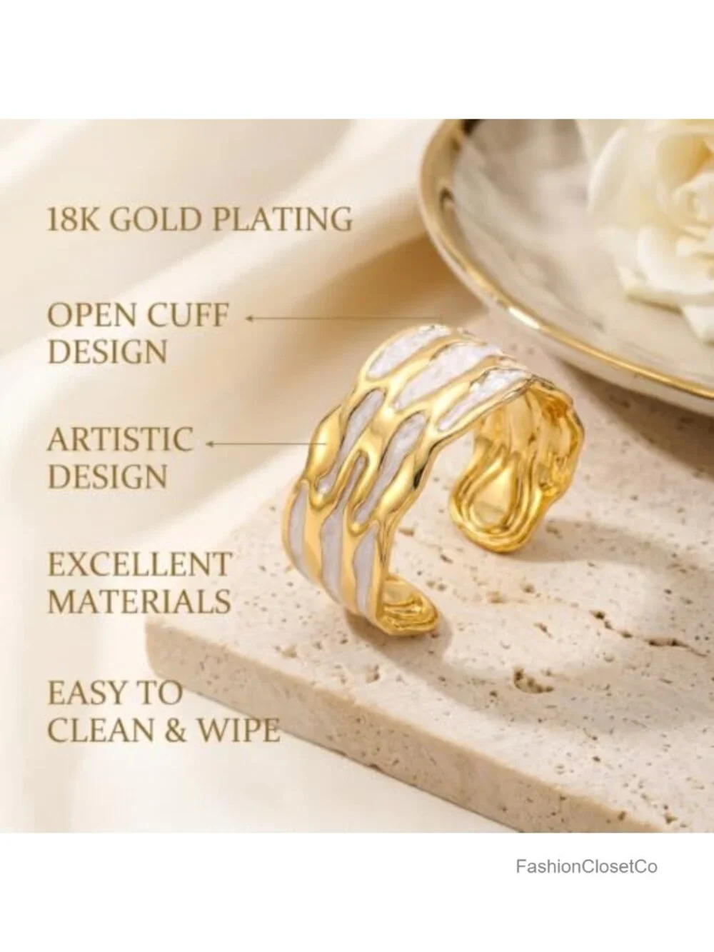 18K Gold Plated White Enamel Cuff Bracelet for Women